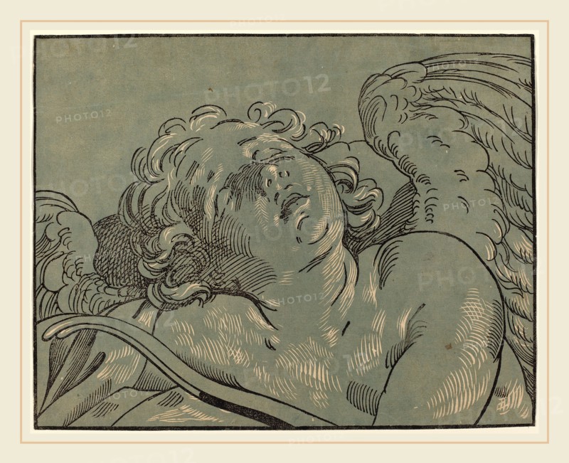Bartolomeo Coriolano after Guido Reni (Italian, active 1627-1653), Cupid Asleep, chiaroscuro woodcut