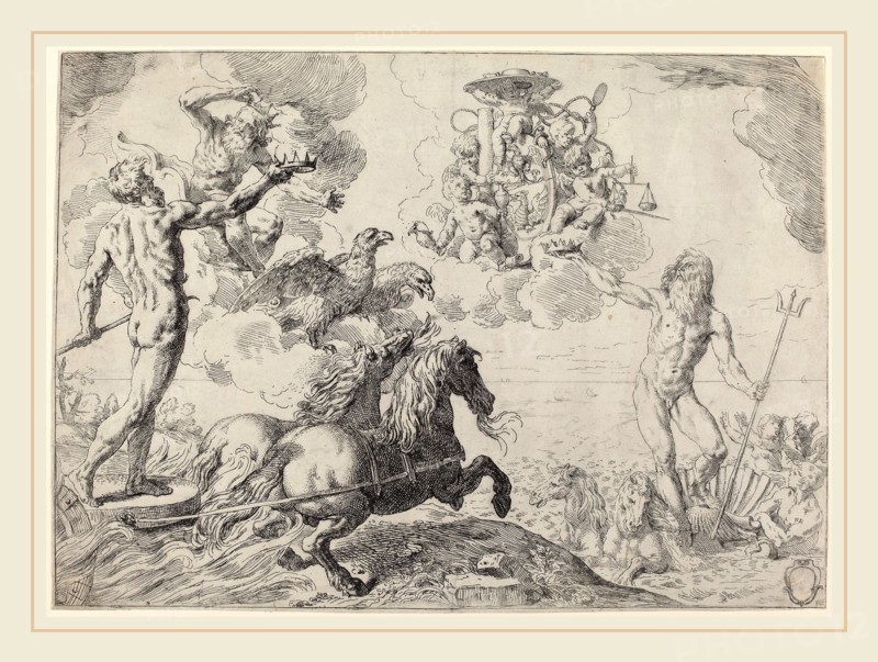 Simone Cantarini (Italian, 1612-1648), Jupiter, Neptune and Pluto, etching