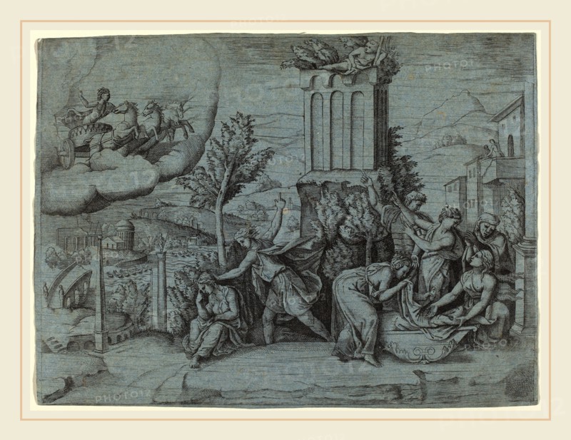 Giulio Bonasone (Italian, c. 1498-c. 1580), Young Man Warning a Sorrowful Woman, engraving on blue paper