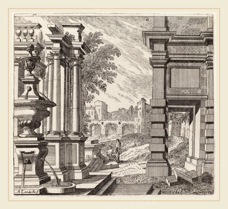 Giuseppe Antonio Landi (Italian, 1713-1791), Architectural Fantasy with a Fountain, Classical Ruins, and a Bridge, before 1753, etching and engraving on laid paper
