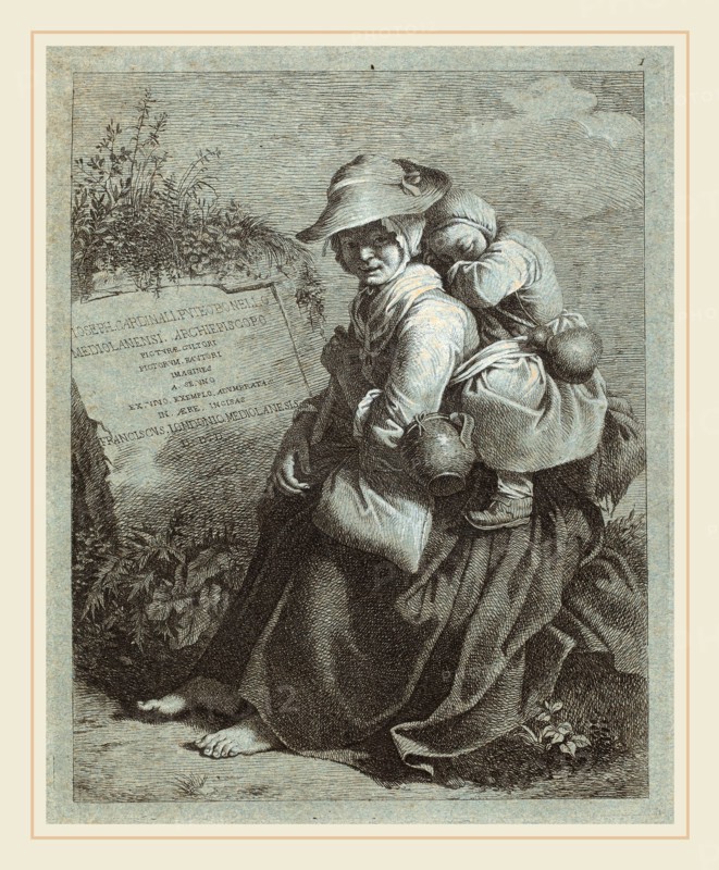 Francesco Londonio (Italian, 1723-1783), Seated Peasant Woman with Sleeping Child, 1758-1759, etching with white heightening on blue laid paper