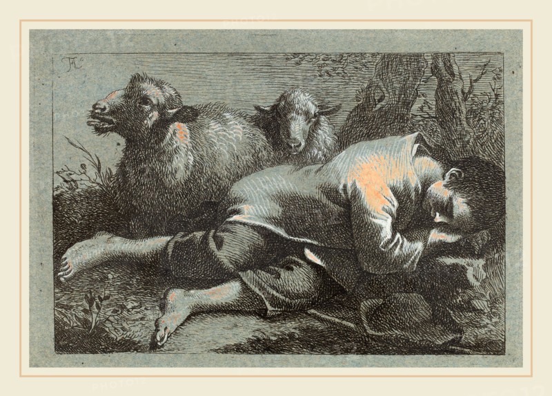 Francesco Londonio (Italian, 1723-1783), Peasant Boy Asleep near Two Sheep, 1758-1759, etching heightened with white on blue laid paper