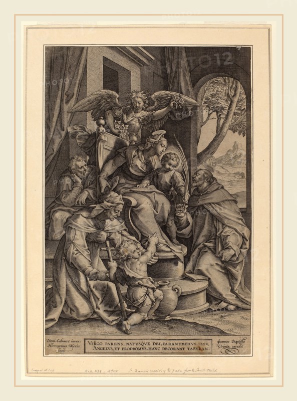 Hieronymus Wierix after Denys Calvaert, Saint Francis Receiving the Palm from the Christ Child, Flemish, c. 1553-1619, engraving on laid paper