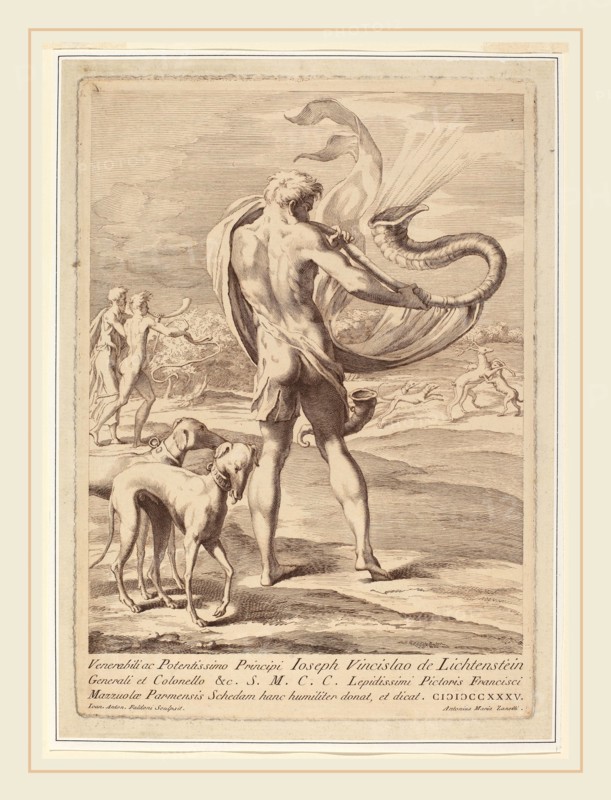 Giovanni Antonio Faldoni after Parmigianino (Italian, c. 1690-c. 1770), Nude Man Blowing a Conch, 1735, etching and engraving printed in sanguine on laid paper