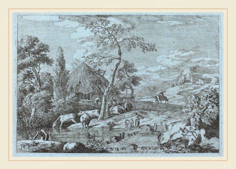 Marco Ricci (Italian, 1676-1729), Cattle and Figures at a Farmyard Stream, etching on blue laid paper