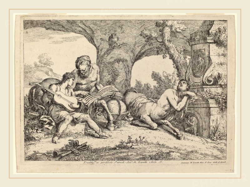 Gaetano Zompini after Giovanni Benedetto Castiglione (Italian, 1700-1778), Chiron Teaching Music to Achilles, 1758, etching on laid paper