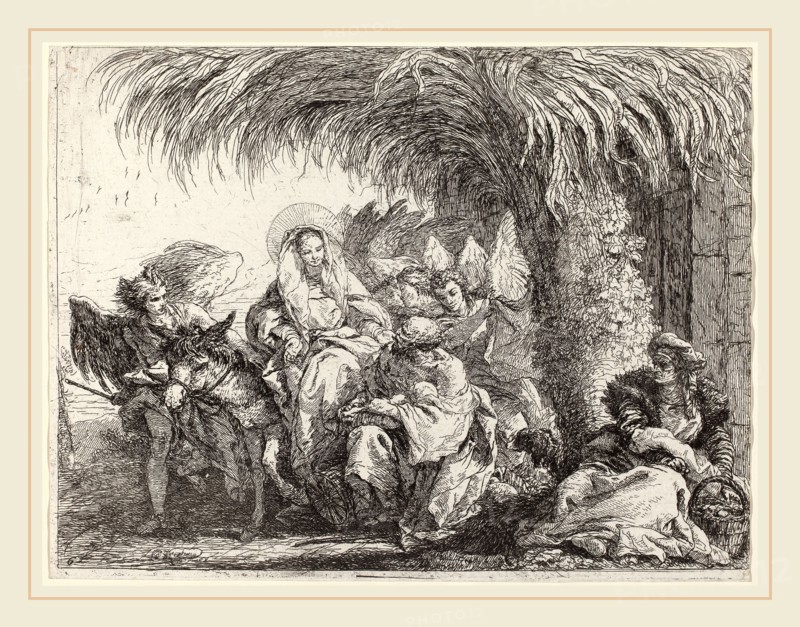 Giovanni Domenico Tiepolo (Italian, 1727-1804), Joseph Kneels with the Child before Mary on the Donkey, published 1753, etching