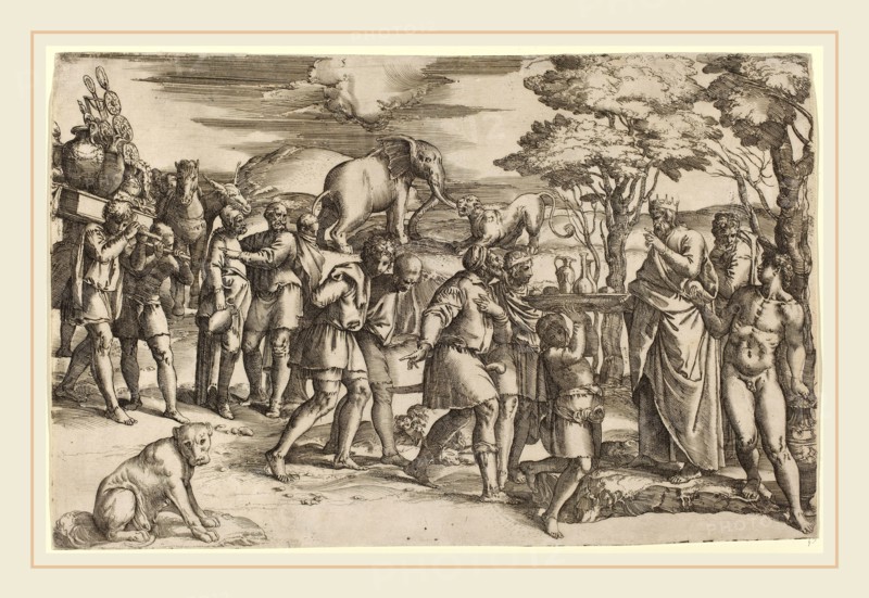 Battista Franco (Italian, probably 1498-1561), Abraham Paying Tithes to Melchisedek, etching and engraving