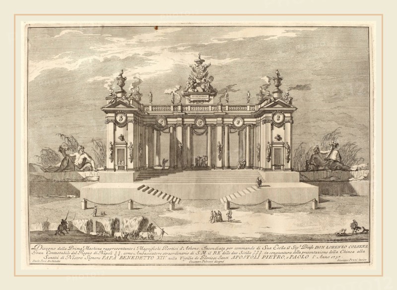 Giuseppe Pozzi after Giuseppe Palazzi (designer) and Paolo Posi (architect) (Italian, 1723-1765), The School of Athens Arcades, for the "Chinea" Festival, 1757, etching on laid paper