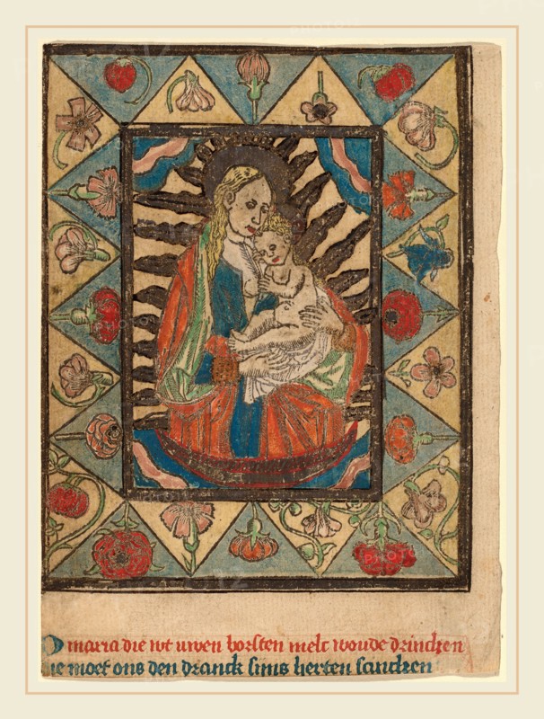 Netherlandish 15th Century, The Madonna and Child, c. 1500, woodcut,  hand-colored in light and dark blue, red, green, yellow, orange, lavender and gold