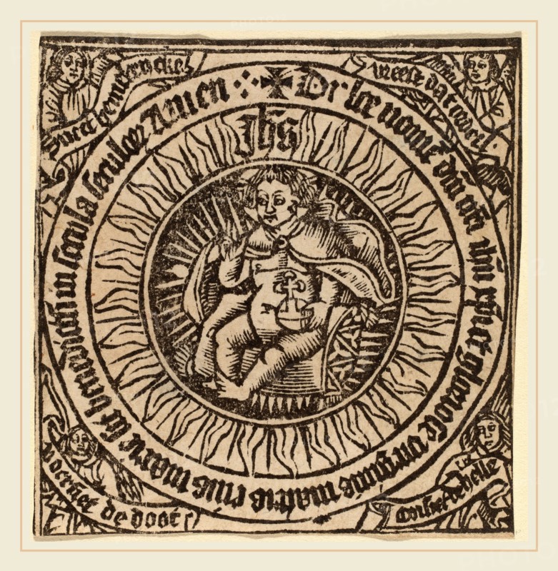 Netherlandish 15th Century, Divine Infant with the Globe in a Circle  with Four Angels, probably c. 1500, woodcut