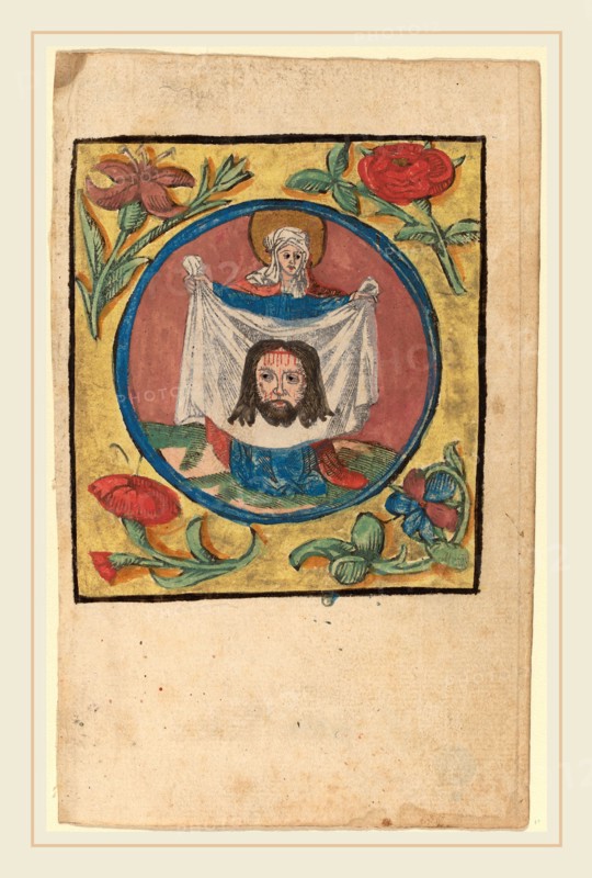 Netherlandish 15th Century, Saint Veronica with the Sudarium, c. 1500, woodcut, hand-colored in yellow, blue, red, green and gold