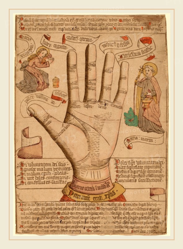 Netherlandish 15th Century, The Hand as the Mirror of Salvation, 1466, woodcut, hand-colored in rose, green, yellow and gray; printed by friction in brown ink