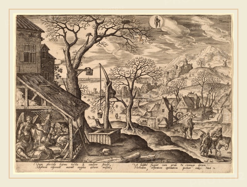 Adriaen Collaert after Hans Bol (Flemish, c. 1560-1618), The Nativity and the Flight into Egypt (Aquarius), 1585, engraving