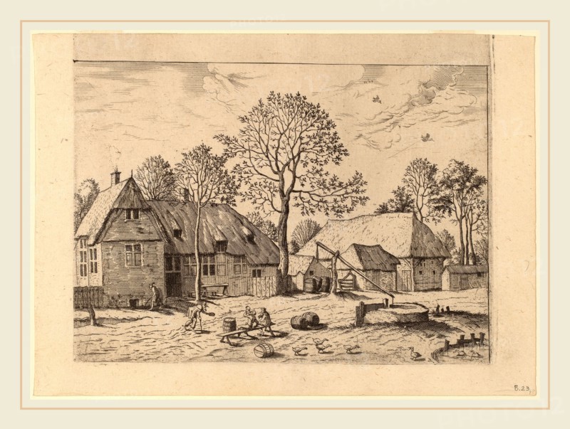 Johannes and Lucas van Doetechum after Master of the Small Landscapes (Dutch, died 1605), Farms with Draw Well, published 1559-1561, etching retouched with engraving