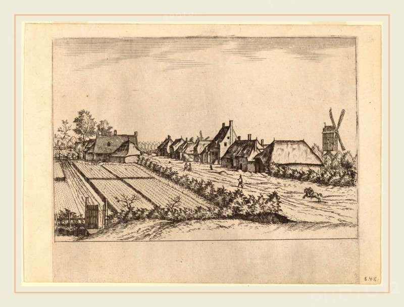 Johannes van Doetechum, the Elder and Lucas van Doetechum after Master of the Small Landscapes (Dutch, died 1605), Fields and a Village Road with Post Mill, published 1559-1561, etching retouched with engraving