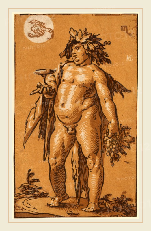 Hendrik Goltzius (Dutch, 1558-1617), Bacchus, c. 1595, chiaroscuro woodcut in gold and two shades of brown on laid paper