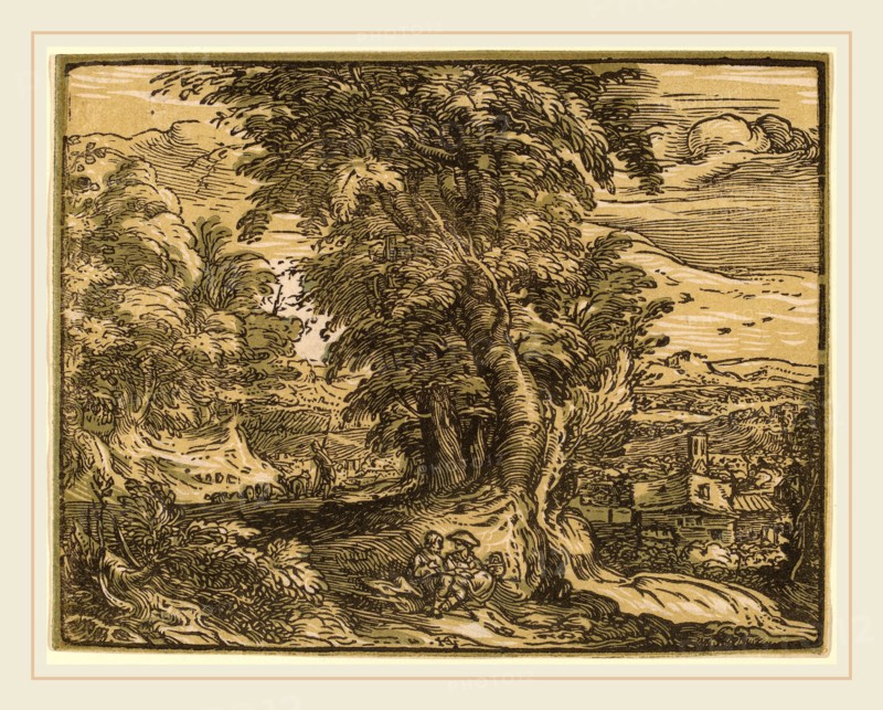 Hendrik Goltzius (Dutch, 1558-1617), Landscape with a Seated Couple, probably 1592-1595, chiaroscuro woodcut in ochre-sepia, olive and black