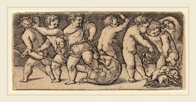 Master of the Horse Heads (Netherlandish, active first third 16th century), Children Playing with a Bitch  and Three Young Dogs, etching