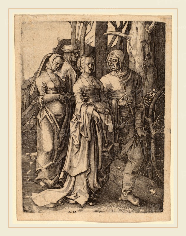 Attributed to Hieronymus Wierix after Lucas van Leyden (Flemish, c. 1553-1619), The Two Couples in the Forest, engraving