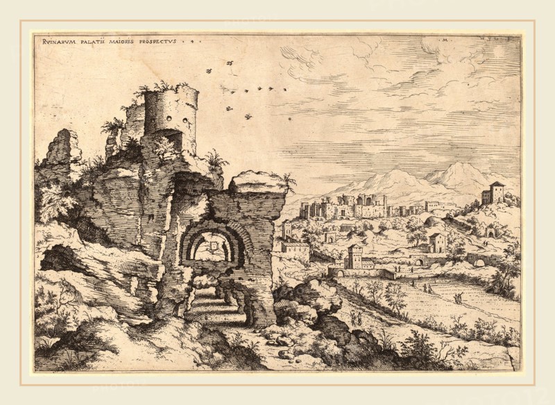 Hieronymus Cock (Flemish, c. 1510-1570), Ruins on the Palatine, Looking toward the Baths of Caracalla, probably 1550, etching on laid paper