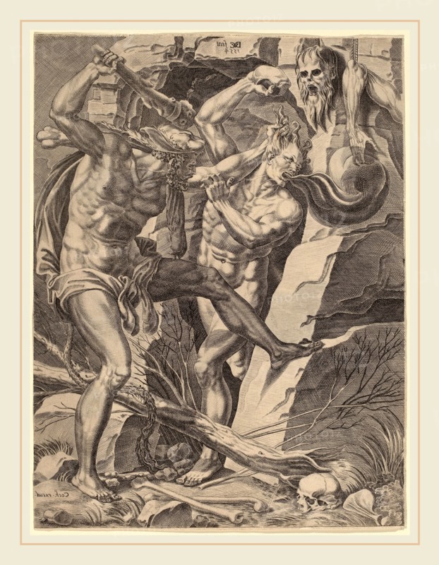 Dirck Volckertz Coornhert (Netherlandish, 1522-1590), Hercules Killing Cacus, 1554, counterproof of engraving