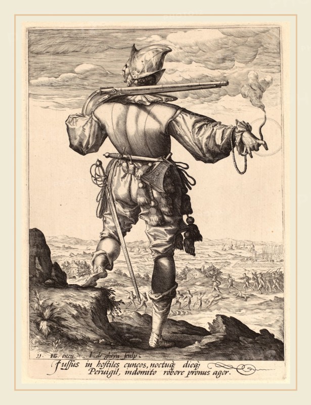 Jacques de Gheyn II after Hendrik Goltzius (Dutch, 1565-1629), Helmeted Musketeer, 1587, engraving on laid paper
