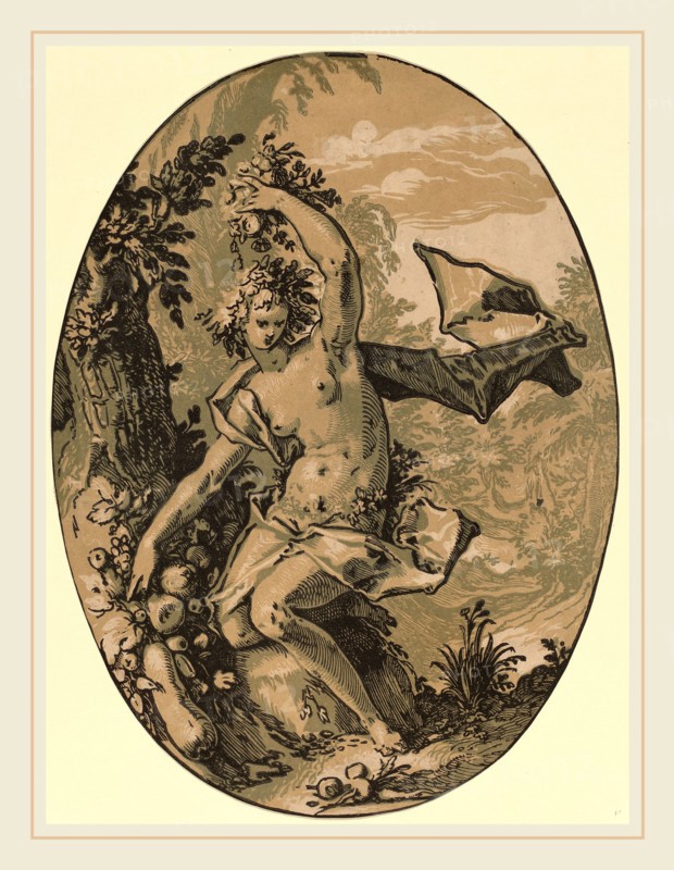 Hendrik Goltzius (Dutch, 1558-1617), Persephone, 1588-1590, chiaroscuro woodcut printed from 3 blocks: black line block and 2 tone blocks in sepia-ochre and olive