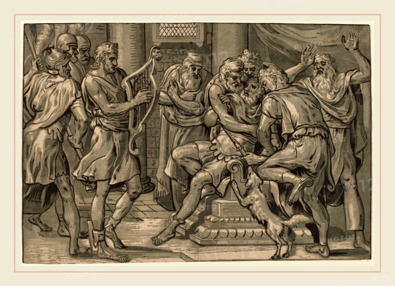 Frans Floris I (Flemish, c. 1519-1570), David Playing the Harp before Saul, 1555, chiaroscuro woodcut printed from 4 blocks: black line block and three tone blocks in shades of gray-green on laid paper