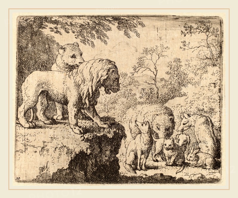 Allart van Everdingen (Dutch, 1621-1675), The Lion Pardons Reynard before the Other Animals, probably c. 1645-1656, etching