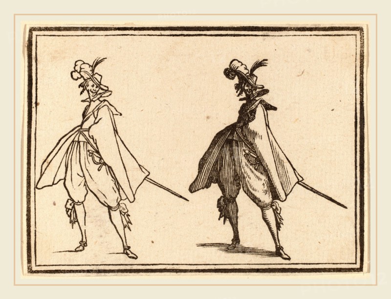 Edouard Eckman after Jacques Callot (Flemish, born c. 1600), Gentleman in a Large Mantle, Front View, 1621, woodcut