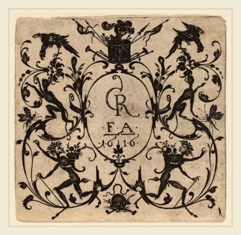 Master CR (Netherlandish, active c. 1616), Ornament with Grotesque, 1616, engraving