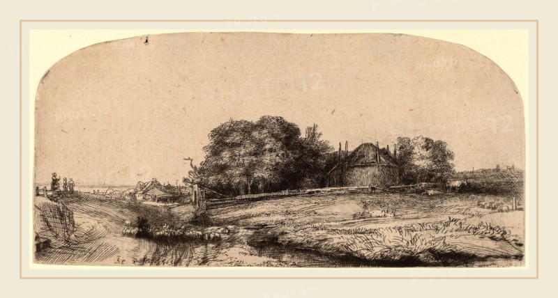 Rembrandt van Rijn (Dutch, 1606-1669), Landscape with a Hay Barn and a Flock of Sheep, 1652, etching and drypoint