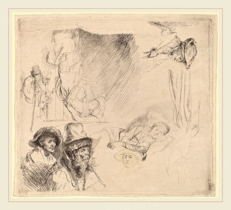 Rembrandt van Rijn (Dutch, 1606-1669), Sheet of Studies including a Woman Lying Ill in Bed, c. 1641-1642, etching