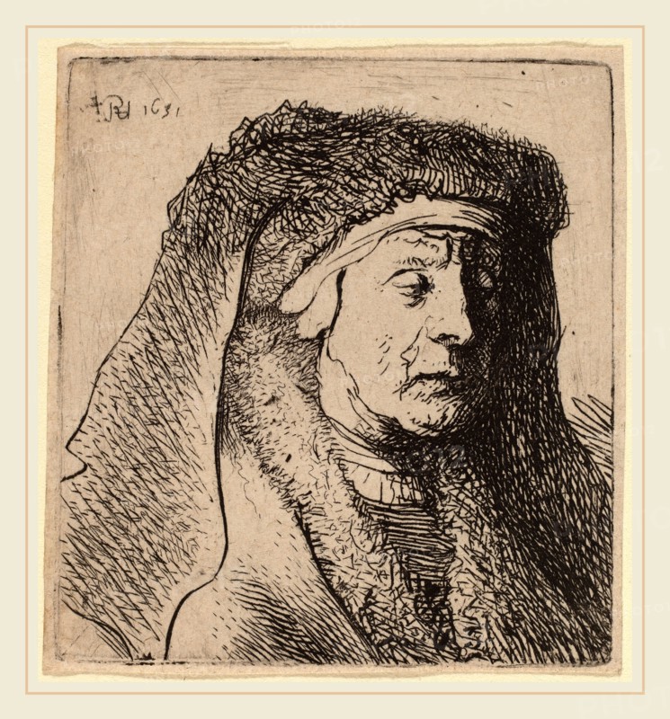 Rembrandt van Rijn and Studio of Rembrandt van Rijn (Dutch, 1606-1669), Bust of an Old Woman in a Furred Cloak and Heavy Headdress, 1631, etching