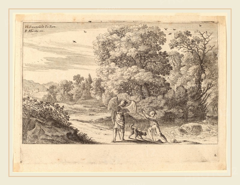 Herman van Swanevelt (Dutch, c. 1600-1655), Tobias Frightened by the Fish, etching