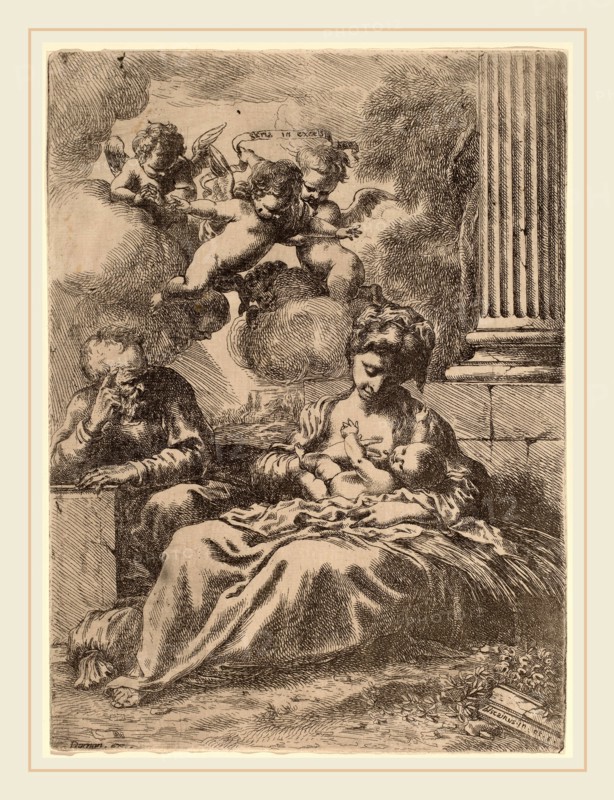 Bartolomeo Biscaino (Italian, 1632-1657), The Holy Family by a Column, etching