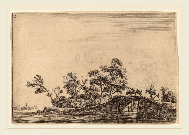Anthonie Waterloo (Dutch, 1609-1610-1690), Rider and Flock on a Bridge, etching