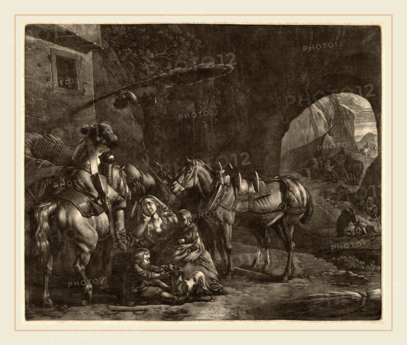 Jan van Huchtenburgh (Dutch, 1647-1733), Mother with Two Children  and a Horse in Front of an Inn, mezzotint