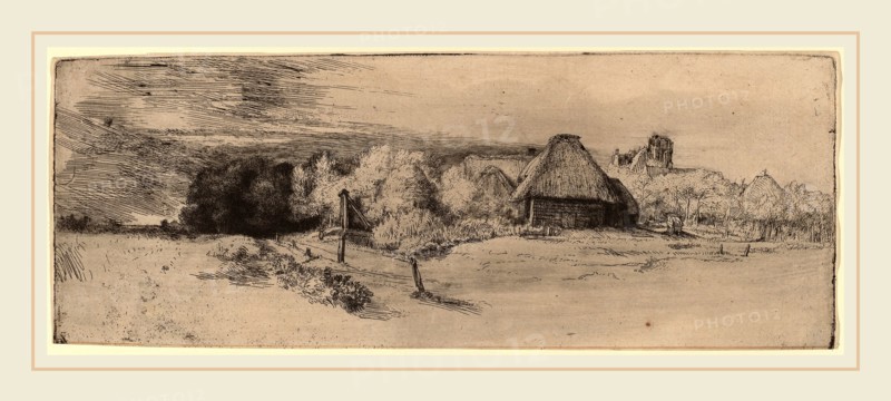 Rembrandt van Rijn (Dutch, 1606-1669), Landscape with Trees, Farm Buildings and a Tower, c. 1651, etching and drypoint