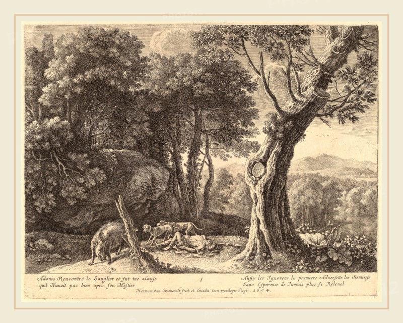 Herman van Swanevelt (Dutch, c. 1600-1655), Death of Adonis, etching