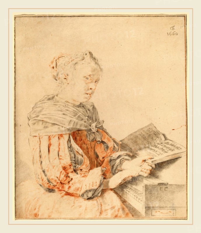 Cornelis Ploos van Amstel and Johannes Kornlein after Gerrit Dou (Dutch, 1726-1798), Young Girl at the Keyboard, 1767, transfer technique in gray and red, printed from two plates
