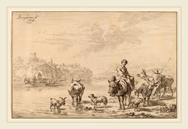 Cornelis Ploos van Amstel and Johannes Kornlein after Nicolaes Pietersz Berchem (German, died 1772), Woman Seated on a Mule, 1769, transfer technique and roulette