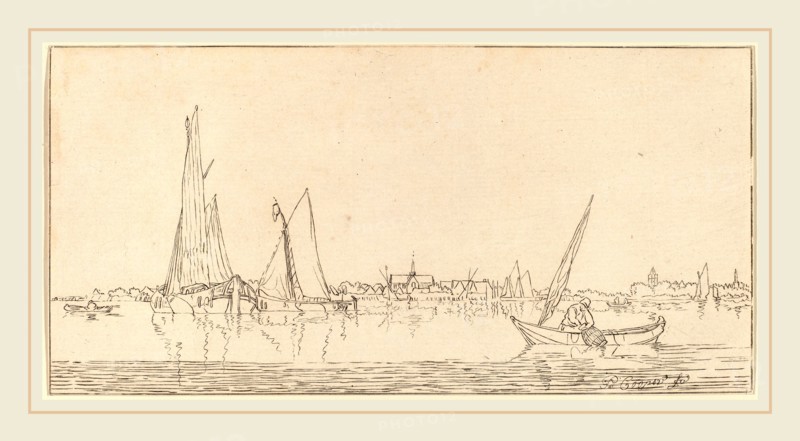 Cornelis Ploos van Amstel and Bernhard Schreuder after Pieter Coopse (Dutch, 1726-1798), River with Town, 1775, transfer technique