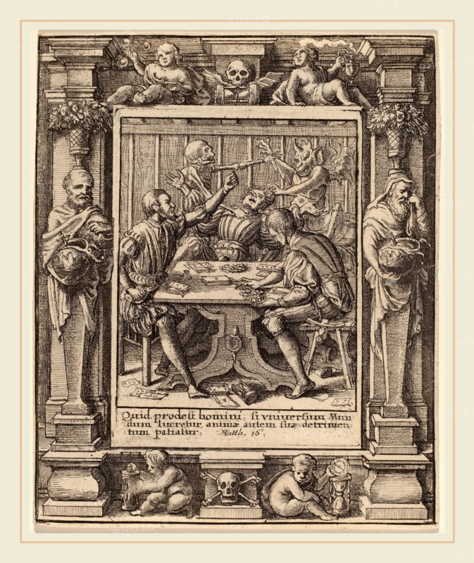Wenceslaus Hollar after Hans Holbein the Younger after Abraham van Diepenbeeck (Bohemian, 1607-1677), Gamesters, 1651, etching with border "Democritus and Heraclitus"