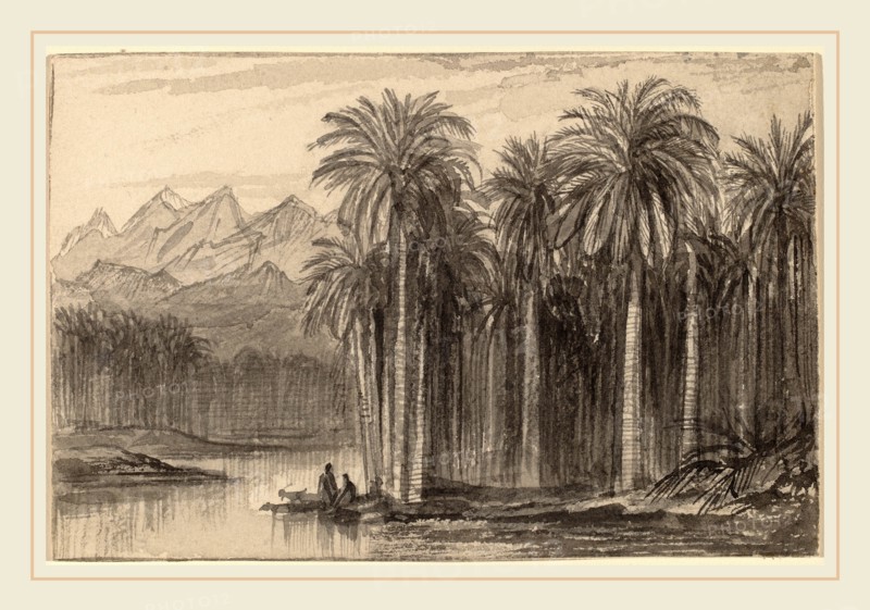 Edward Lear, Figures Setting Out in Canoes from a Palm Grove (Wady Feiran), British, 1812-1888, 1884-1885, gray wash on wove paper, laid down on card