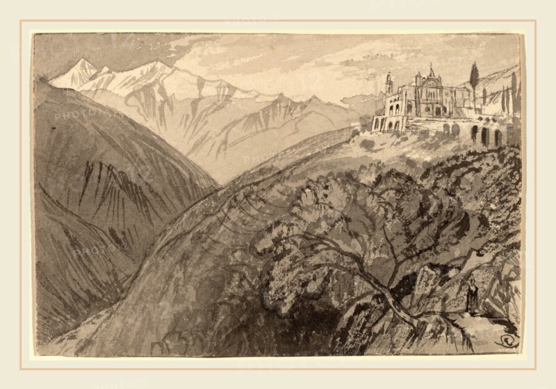 Edward Lear, A Town on a Hilltop (Sanctuary of Lampedusa), British, 1812-1888, 1884-1885, gray wash on wove paper