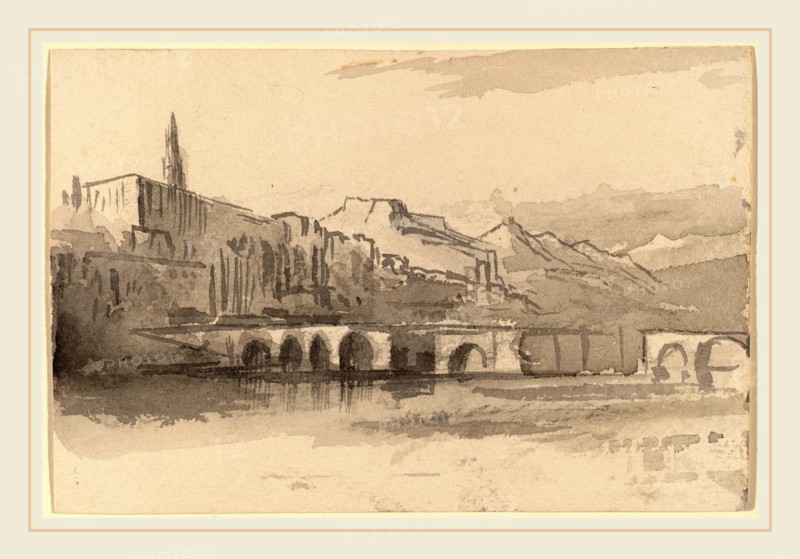 Edward Lear, Bridge with Mountains in the Distance (Ventimiglia), British, 1812-1888, 1884-1885, gray wash on wove paper