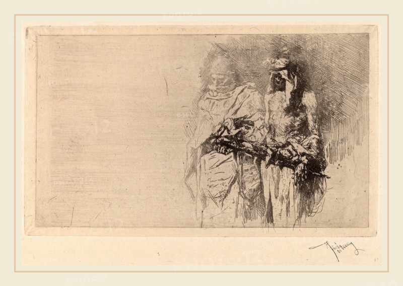 Mariano Fortuny y CarbÃ³, Two Arabian Figures: a Sketch, Spanish, 1838-1874, c. 1865, etching on laid paper