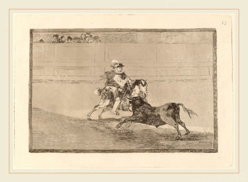 Francisco de Goya, Un caballero espanol en plaza quebrando rejoncillos sin auxilio de los chulos (A Spanish Mounted Knight in the Ring Breaking Short Spears without the Help of Assistants), Spanish, 1746-1828, in or before 1816, etching, burnished aquatint, drypoint and burin [first edition impression]